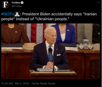 拜登的国情咨文把“乌克兰人”说成“伊朗人”，副总统在他身后看起来很困惑